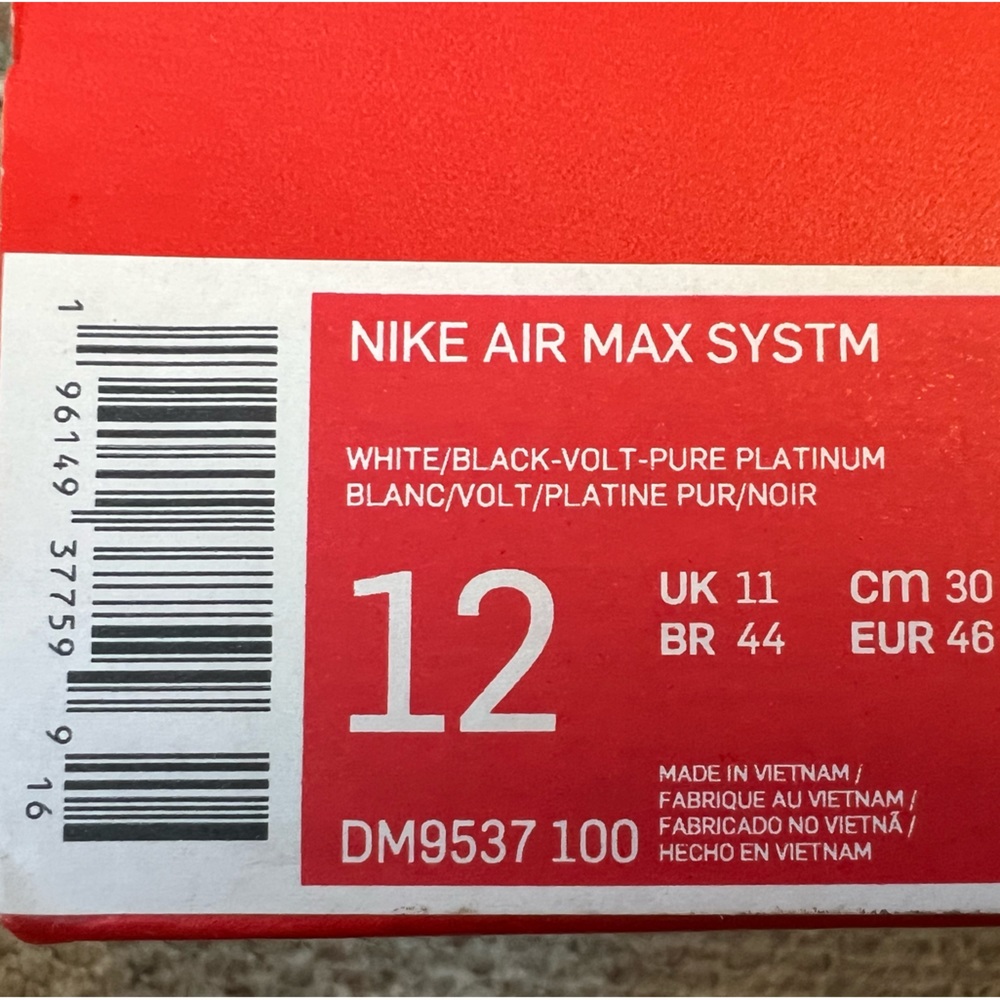 Men’s Nike Air MAX System size 12 model DM9537 100. white /black -volt platinum